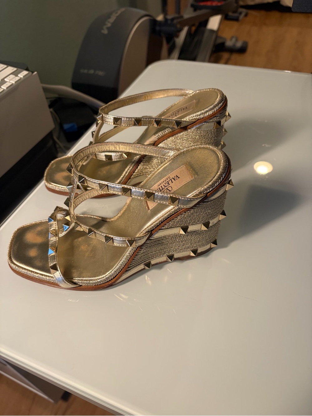Valentino Garavani Metallic Gold Pyramid-Stud Wedge Sandals Retail price:$1100